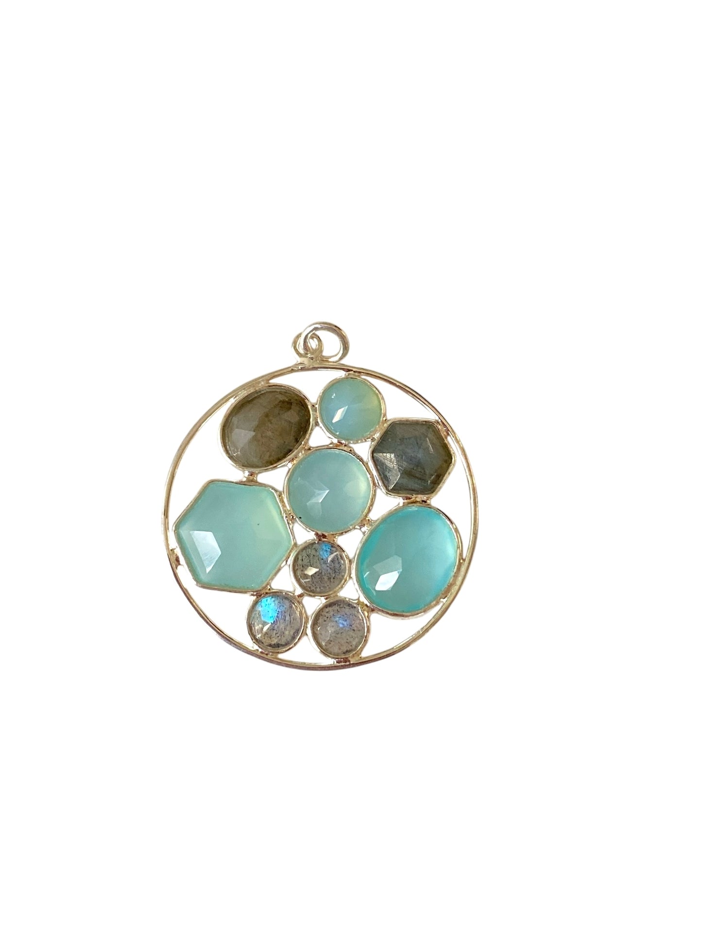 Vakkert anheng i 925 Sterling- sølv med en rund oase av Aqua Chalcedony og Blue Topaz
