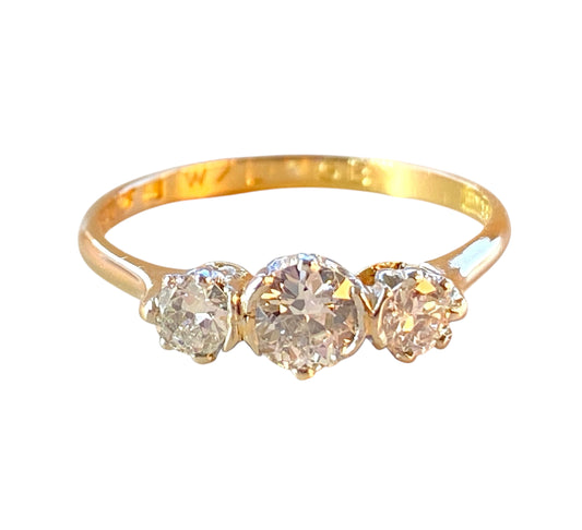 Antique gullring: 18K tre stens Diamantring i Gult og Hvitt Gull 0.70ct