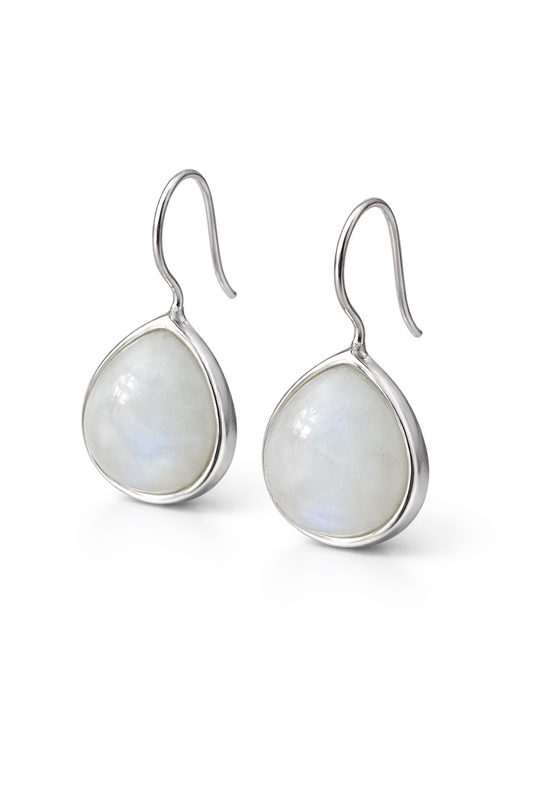 Dråpeformede Månesten ørepynt i 925 Sterlingsølv
